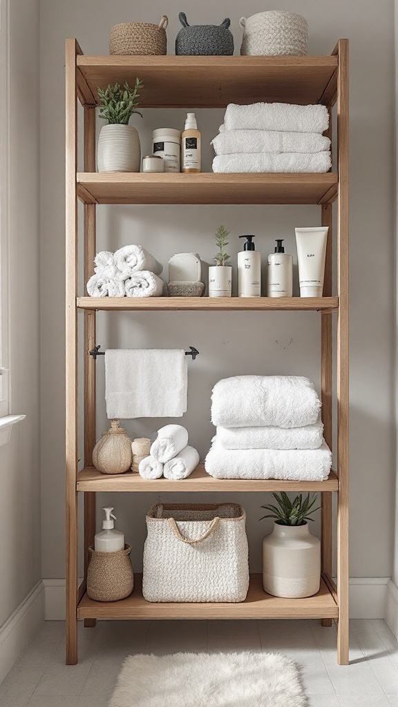 IKEA Kallax unit used as a bathroom storage organizer with towels, baskets, and toiletries