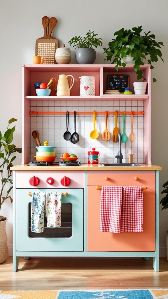 A colorful play kitchen made from an IKEA Kallax bookshelf.