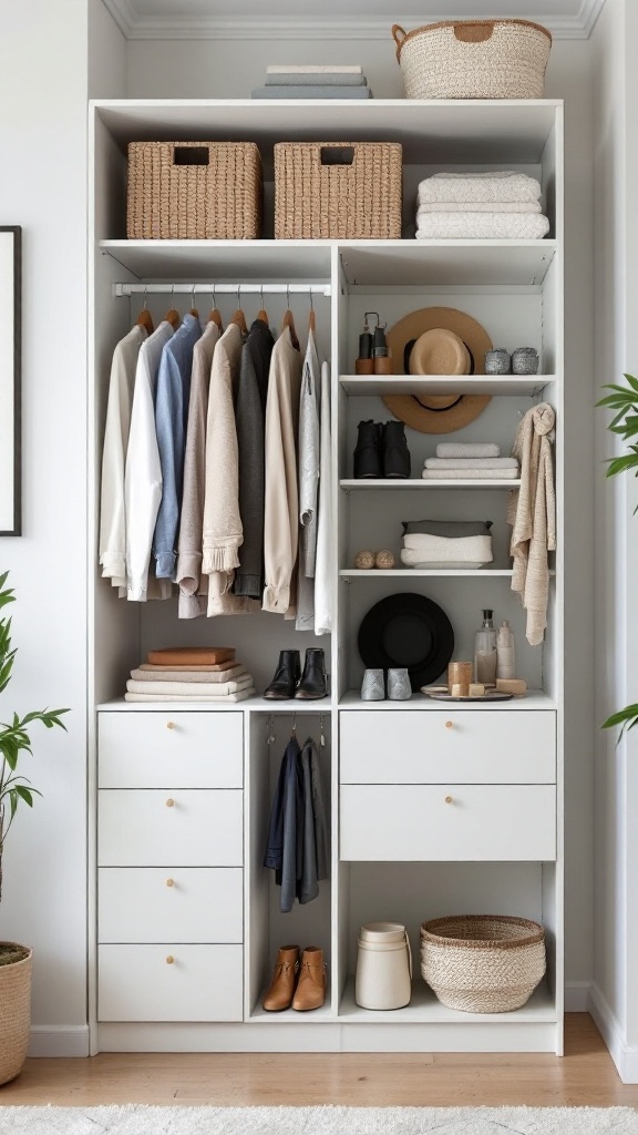 Stylish custom closet system made from IKEA Kallax, featuring organized clothes, storage baskets, and accessories.