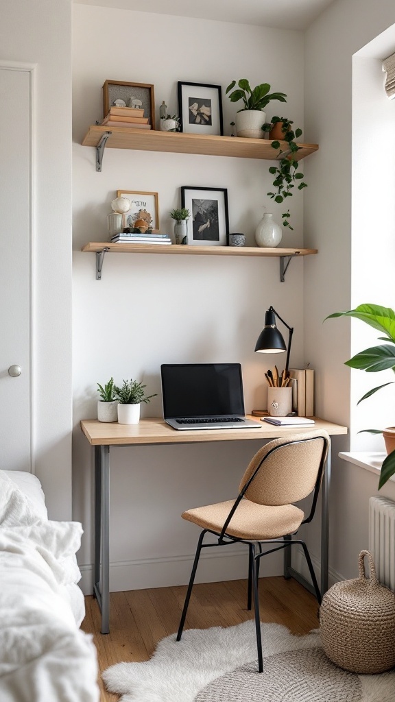 Small desk workspace with plants and decorations, featuring Kallax shelves.