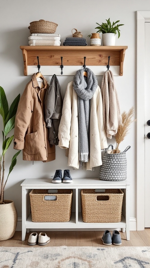 A stylish entryway featuring a Kallax unit with storage baskets, a wooden shelf with folded towels, and hooks for hanging coats.