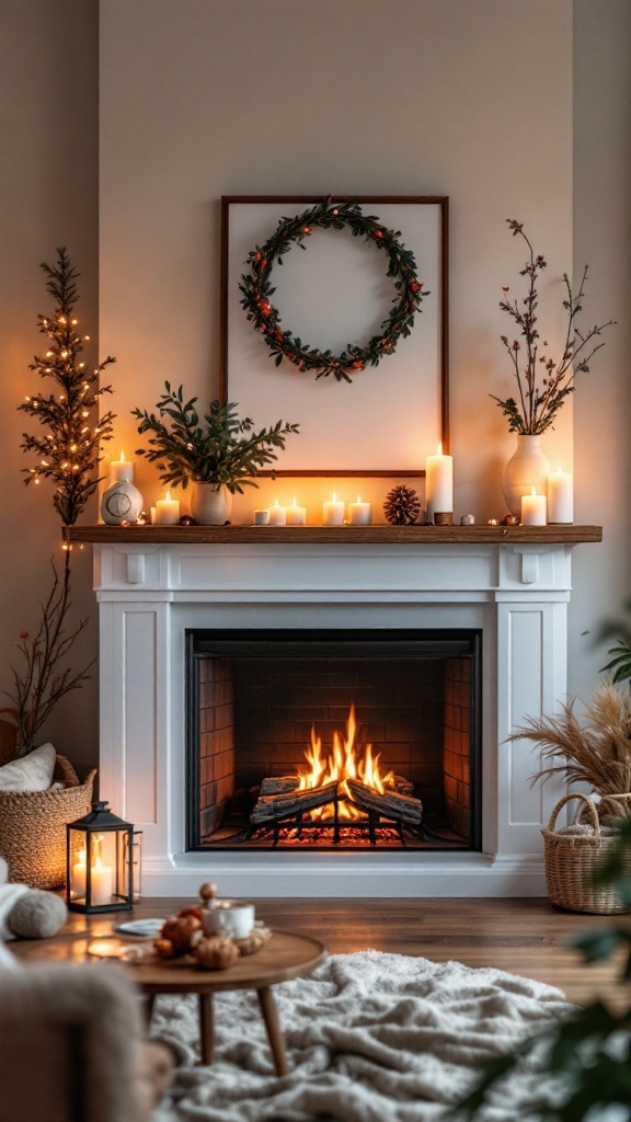 A cozy fireplace surrounded by candles, greenery, and a Kallax unit used as a mantle.