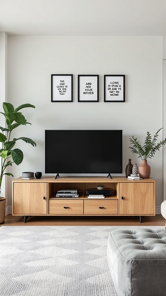 Stylish Kallax media center with TV, decorative vases, and framed art on the wall