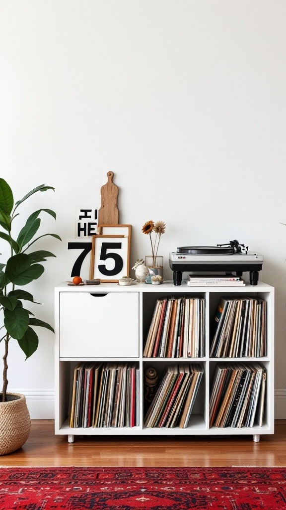 A Kallax shelf storing vinyl records with a record player on top, complemented by a plant and decorative items.