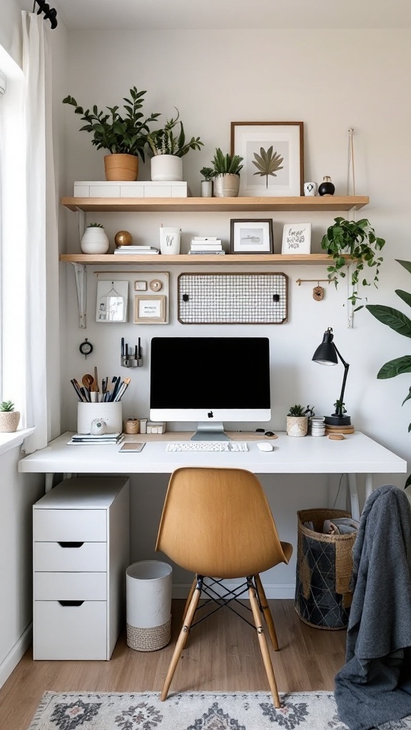 A modern home office featuring a Kallax unit with shelves, plants, and a computer setup.