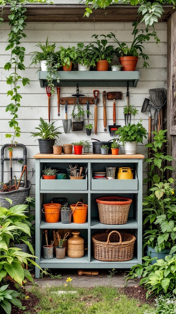 Organized outdoor garden storage using Kallax shelving unit with plants and tools.