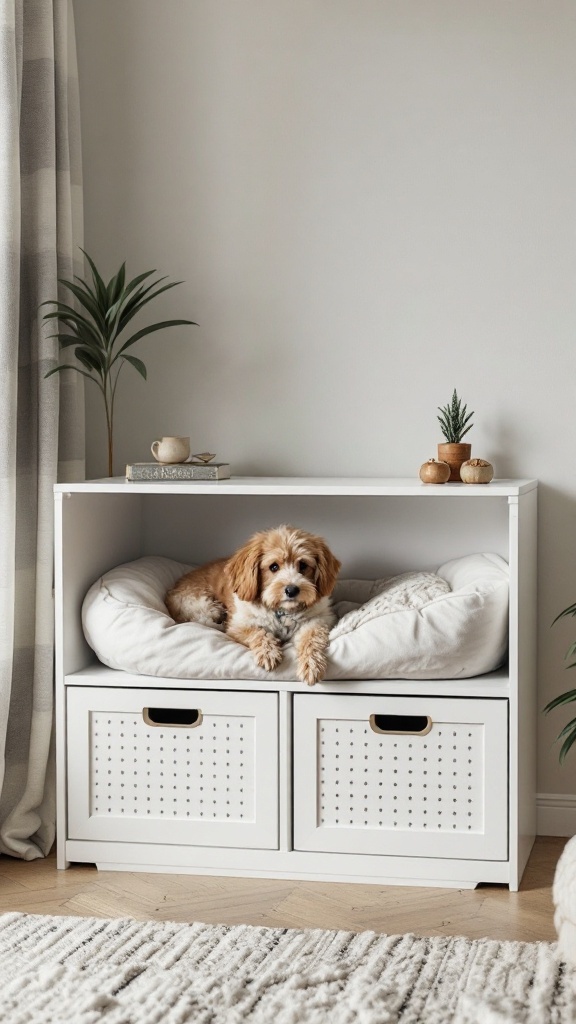 A dog relaxing on a cushion inside an IKEA Kallax unit, with storage drawers below.