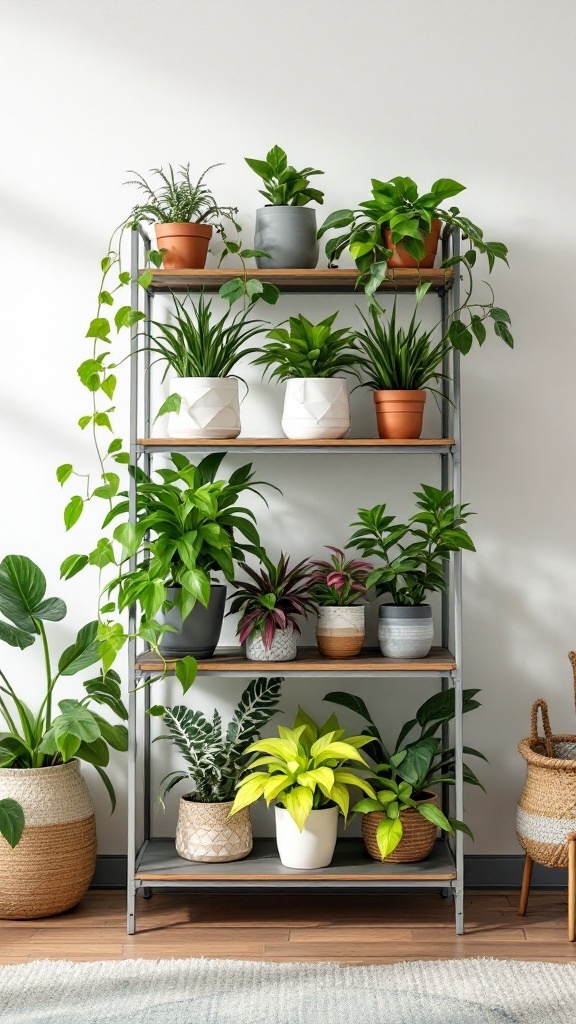 Stylish plant display on an IKEA Kallax shelf, featuring various potted plants.