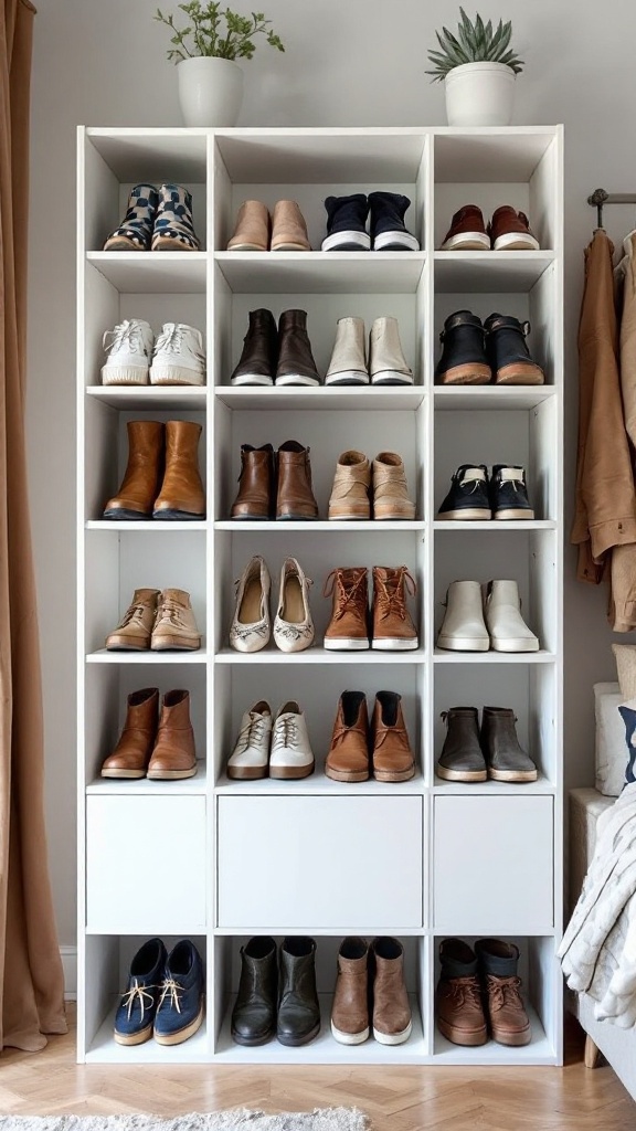 A Kallax unit filled with a variety of shoes, showcasing an organized storage solution.