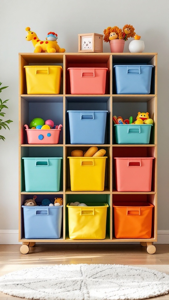 Colorful Kallax toy storage unit with bins and plush toys