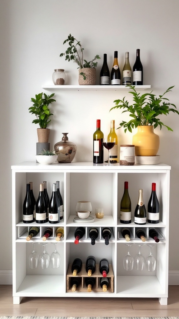 IKEA Kallax wine rack with wine bottles and plants