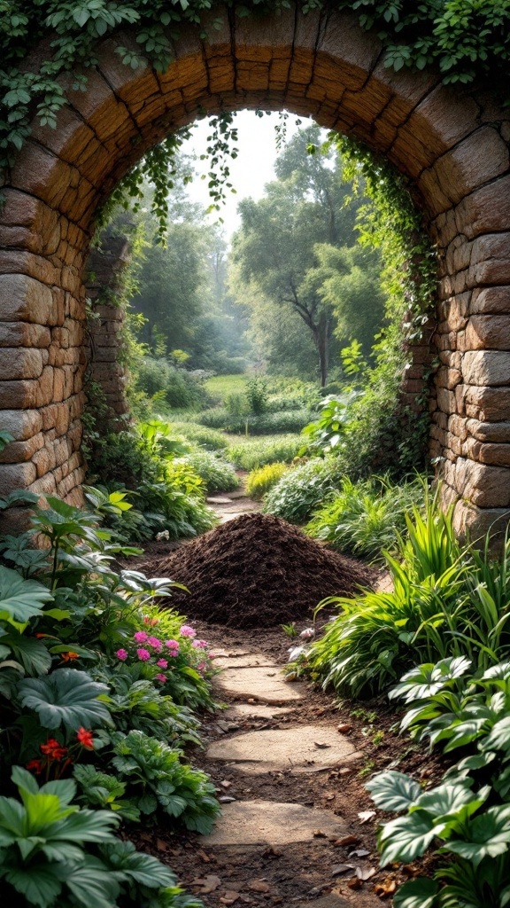 A scenic view of a garden framed by an archway, featuring a pathway and a pile of mulch in the center.