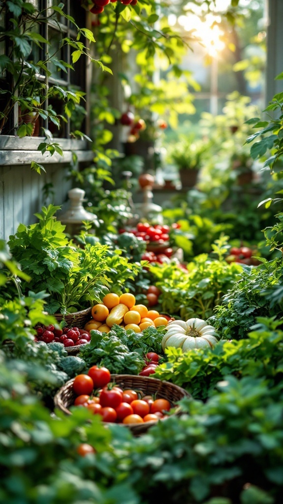 A lush kitchen garden with tomatoes, oranges, and greens in baskets, surrounded by greenery.