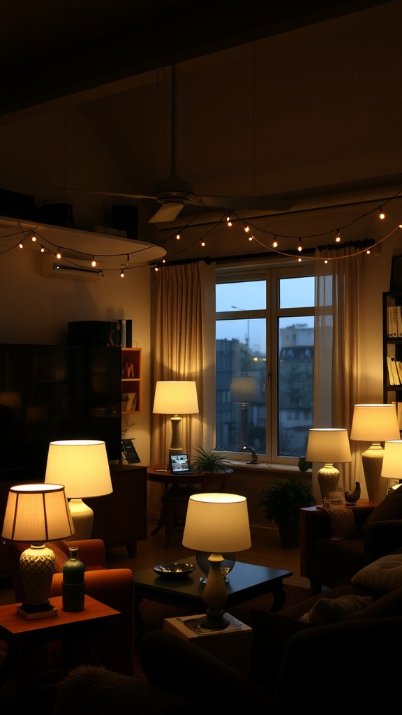 Cozy living room with layered lighting, showcasing various lamps and string lights.