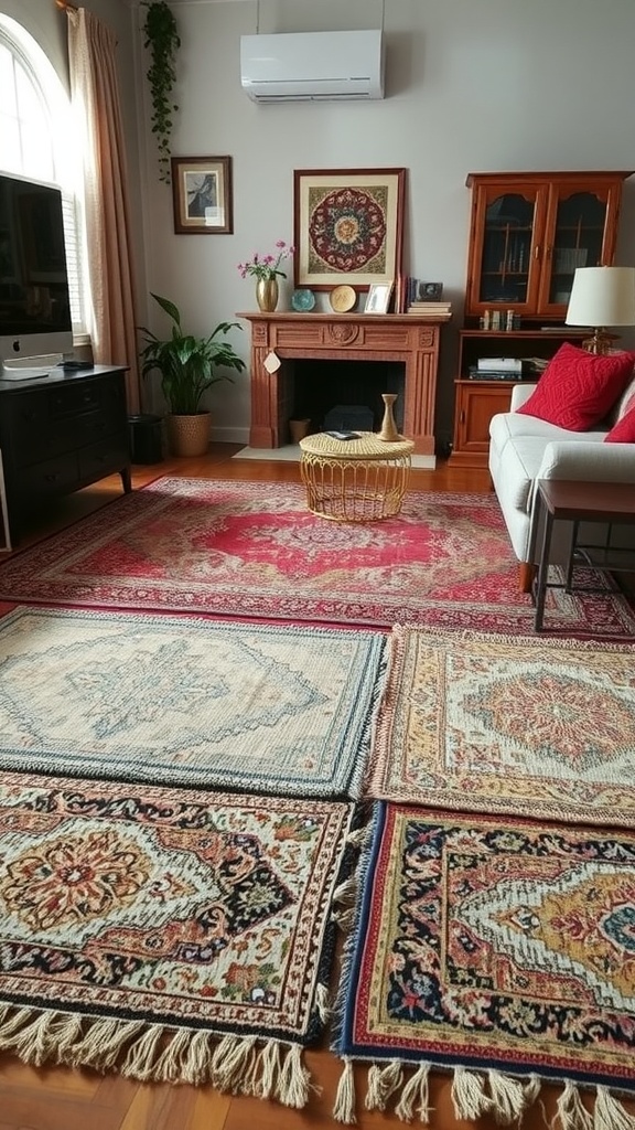 A cozy living room featuring layered rugs, showcasing various patterns and colors.