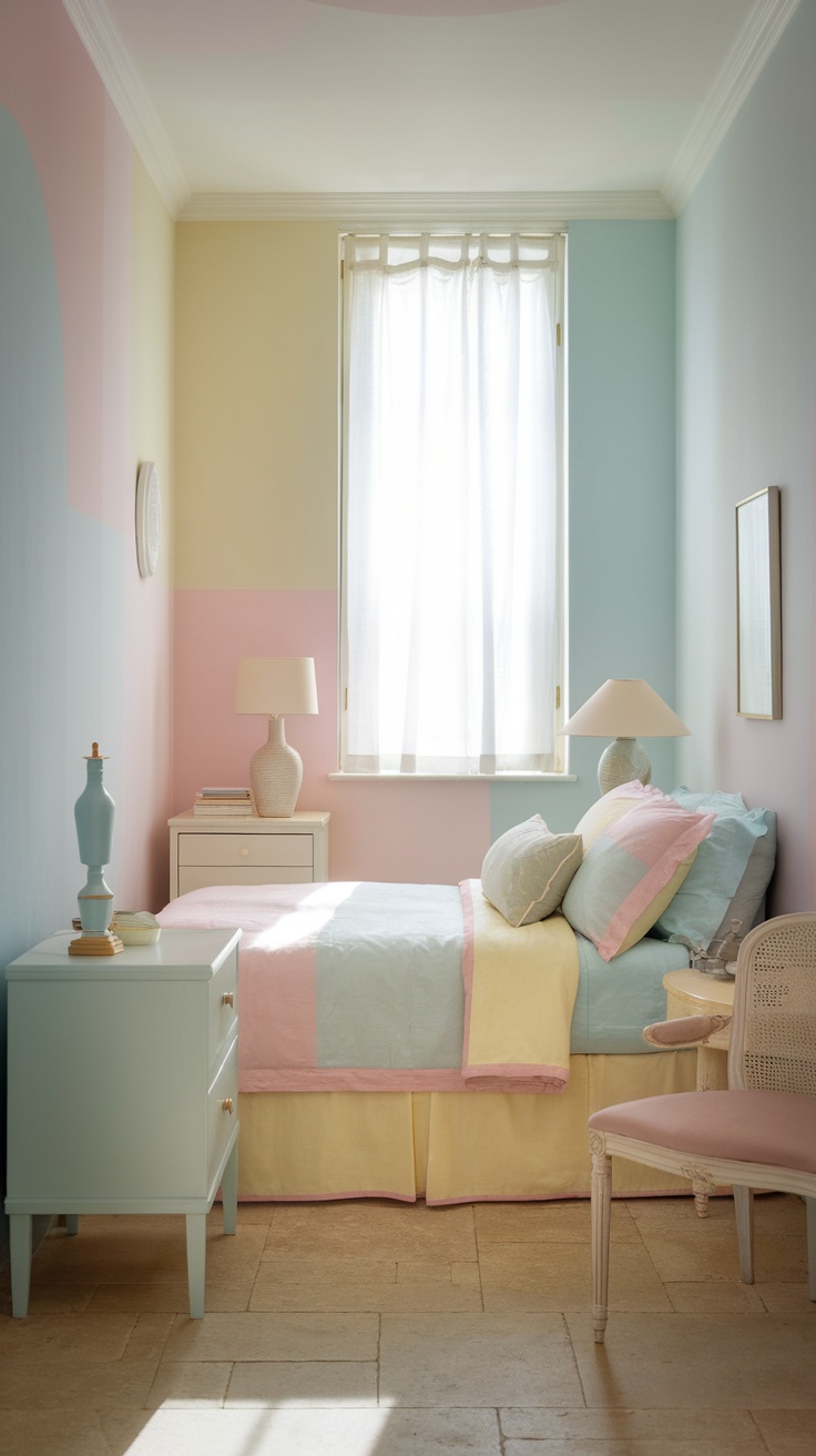 Small bedroom with light pastel color palette on walls, soft bedding, and natural light