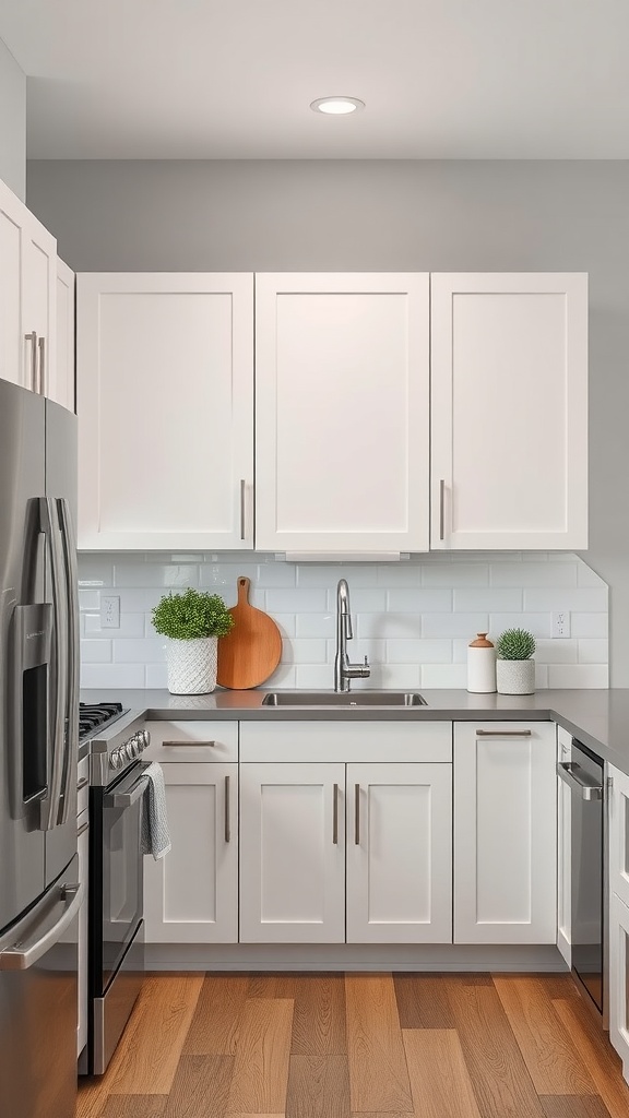 A modern kitchen featuring light gray walls and white cabinets.