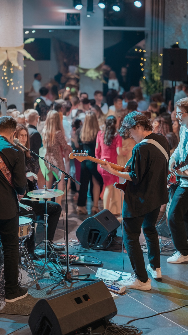 A lively graduation party with a live band performing for dancing guests.