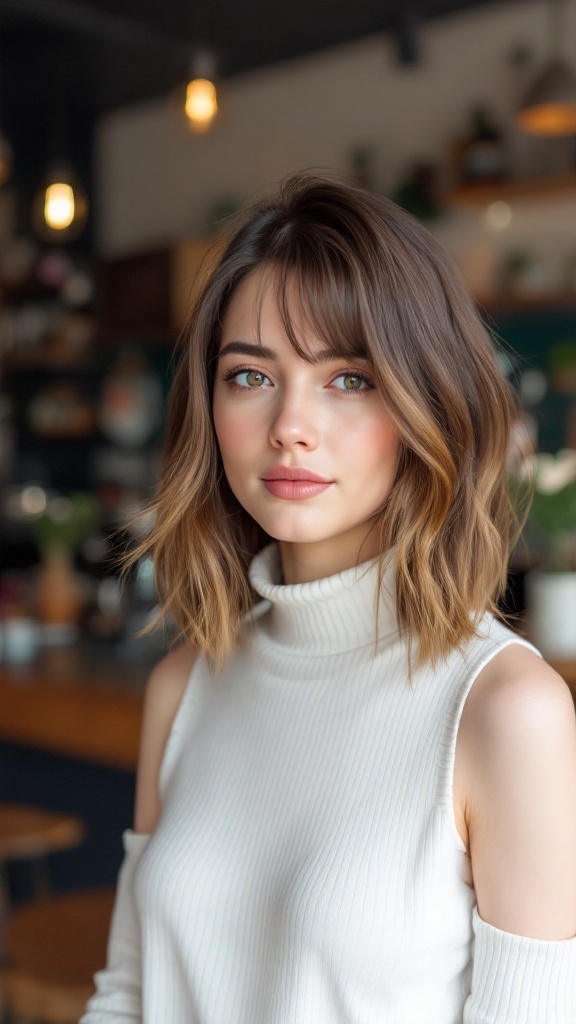 A young woman with a lob haircut featuring face-framing layers, styled with soft waves, giving a fresh and youthful appearance.