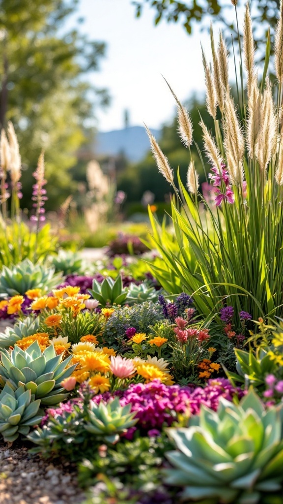 A colorful flower bed featuring drought-resistant plants, including succulents and bright flowers, under a sunny sky.