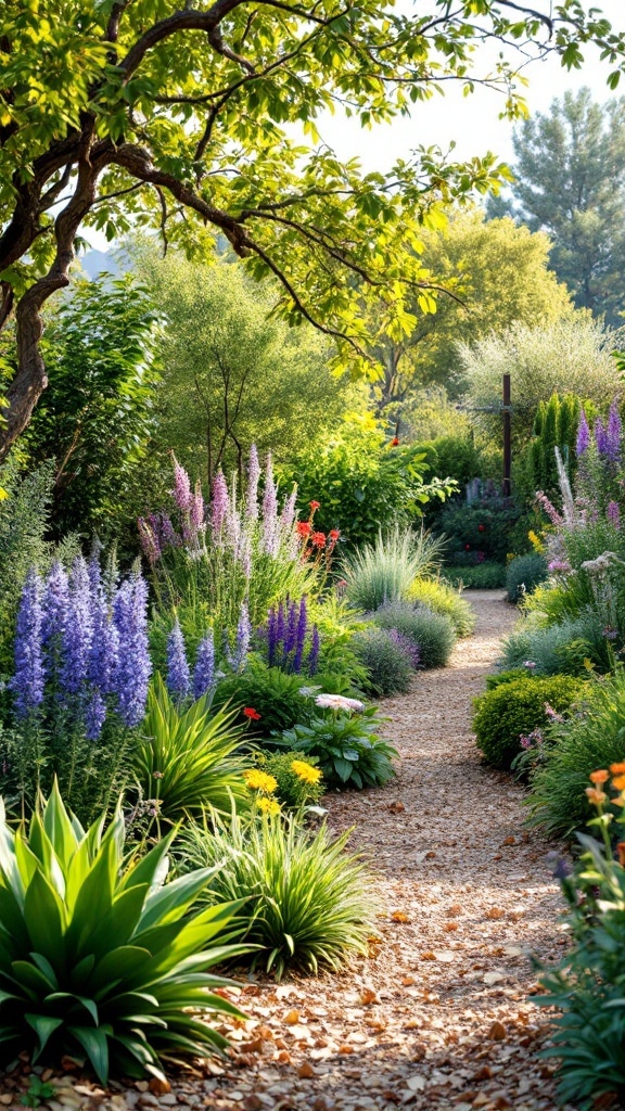 A low-maintenance garden featuring a gravel path surrounded by colorful flowers and lush greenery.