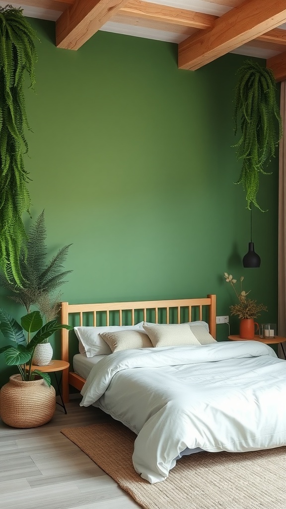 A serene bedroom featuring a lush fern green wall, wooden bed frame, soft white bedding, and hanging ferns.