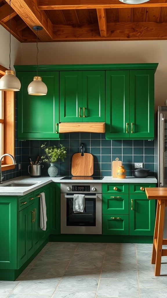 A kitchen featuring lush green cabinets, natural wood ceiling beams, and stylish gold accents.