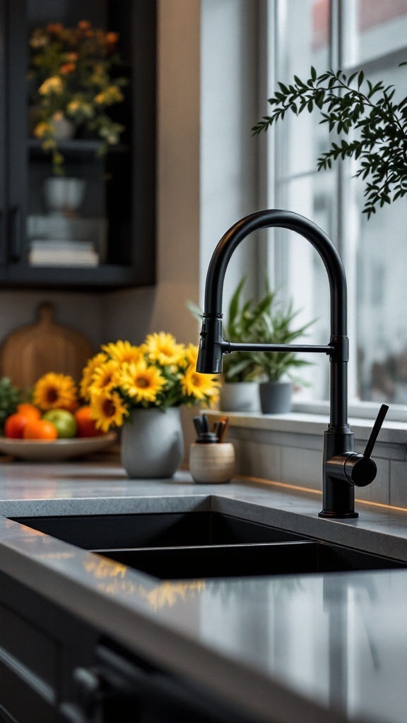 A modern kitchen sink with a matte black faucet and colorful flowers in the background.