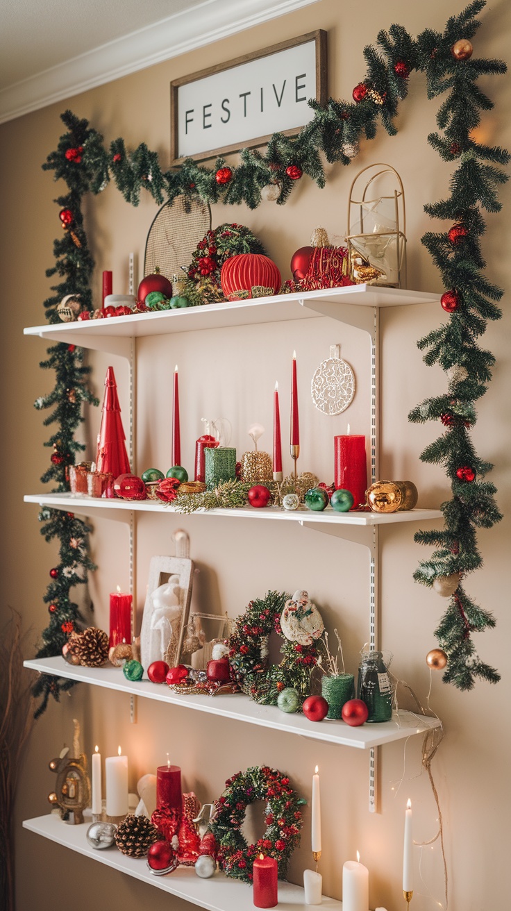 Festive Ivar shelves decorated for the holiday season with red and green ornaments, candles, and garlands.