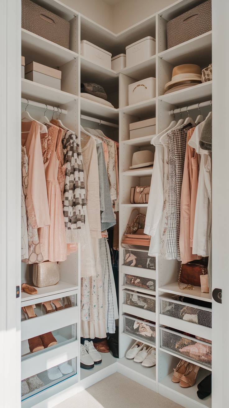 Organized walk-in closet with clothes, shoes, and accessories utilizing vertical space.