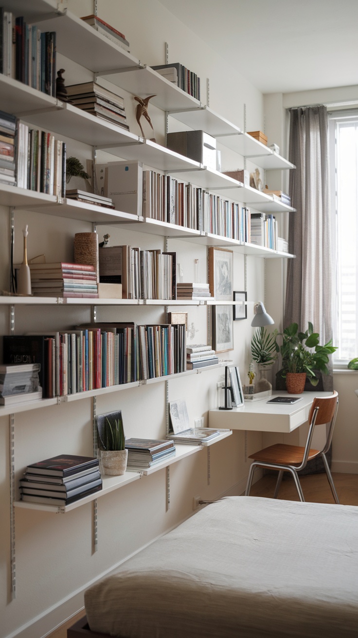 A small bedroom with a wall of white shelves filled with books and decorative items, featuring a desk and chair by the window.