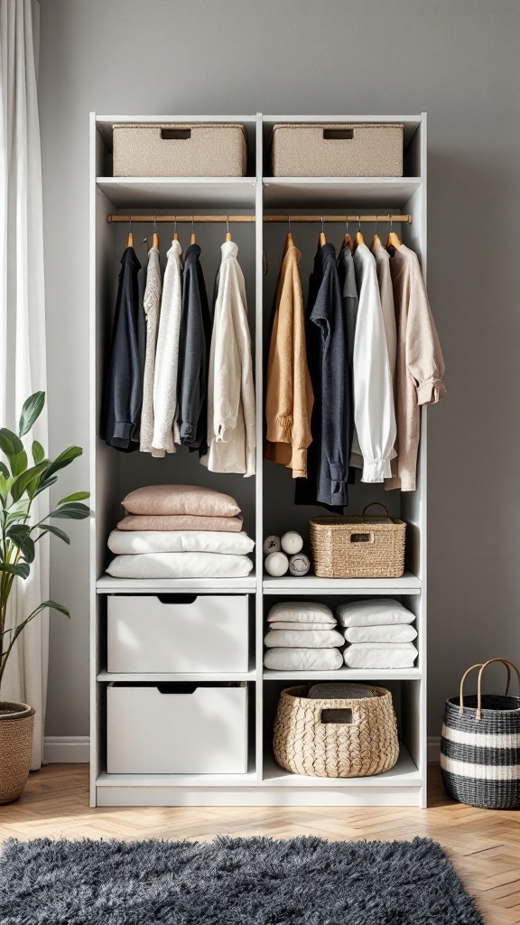 A tall IKEA closet unit with hanging clothes, boxes, and neatly folded towels