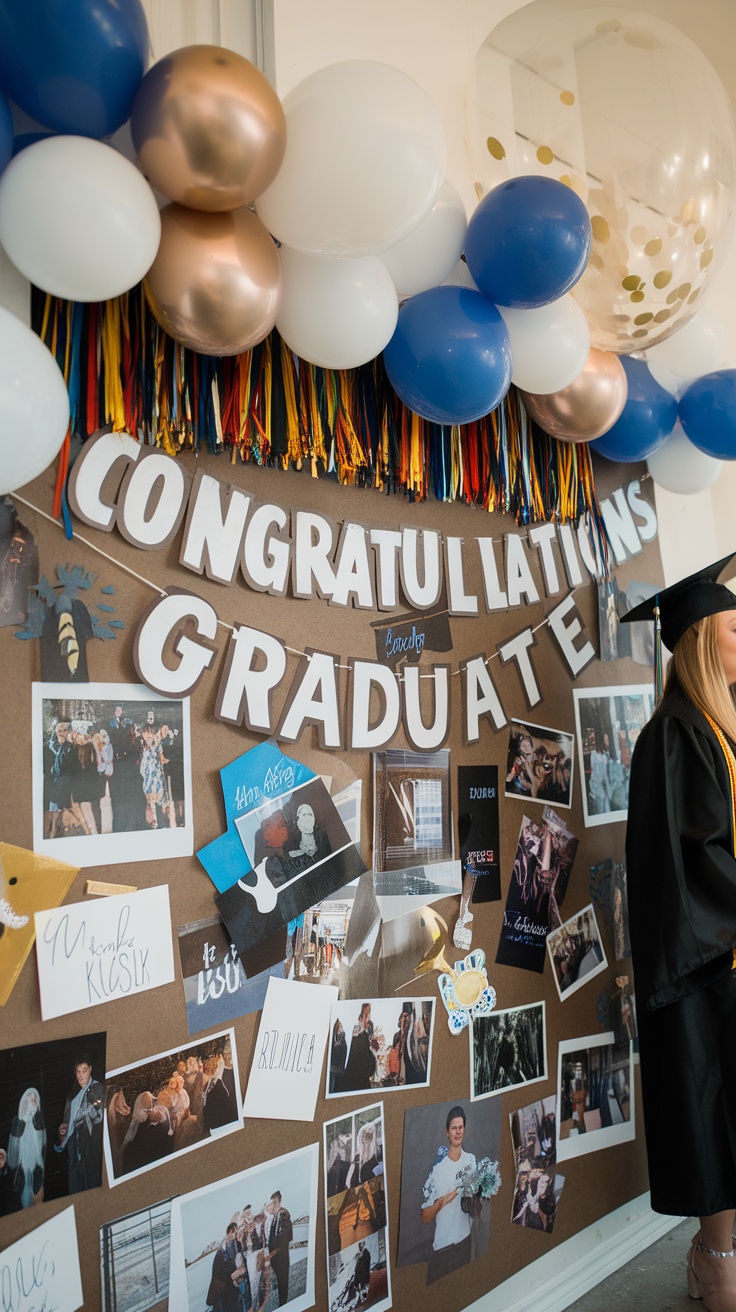 A festive memory wall featuring graduation photos, decorations, and a congratulatory banner.