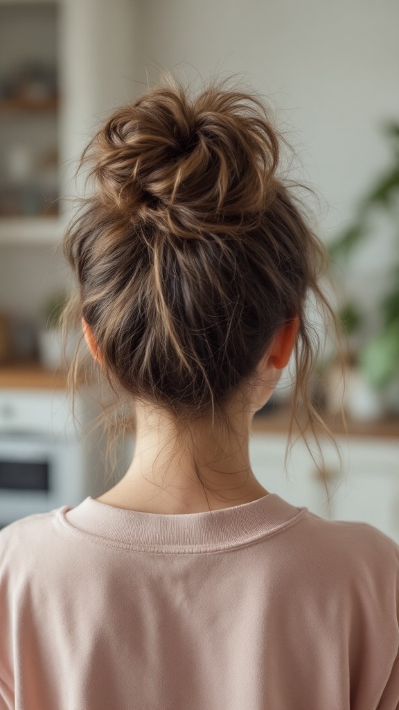 Back view of a person with a messy bun hairstyle, wearing a pink sweatshirt.