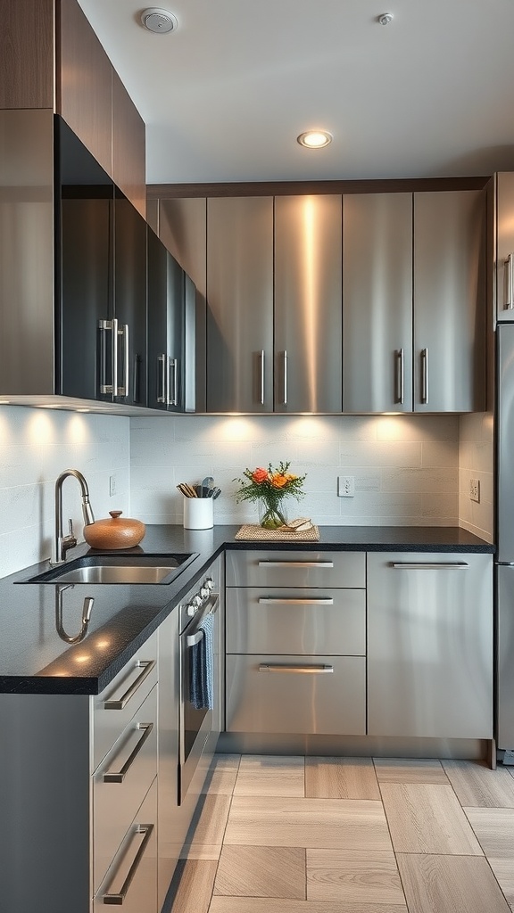 A modern kitchen featuring black granite countertops and metallic accents.