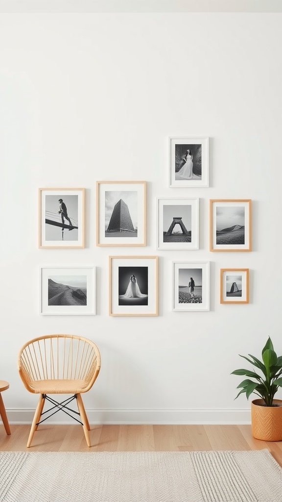 A minimalist photo wall arrangement featuring black and white photos in light wooden frames, complemented by a cozy chair and a plant.