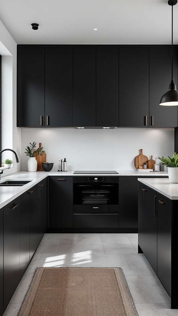 A minimalist black kitchen featuring clean lines, black cabinets, light countertops, and a pendant light.