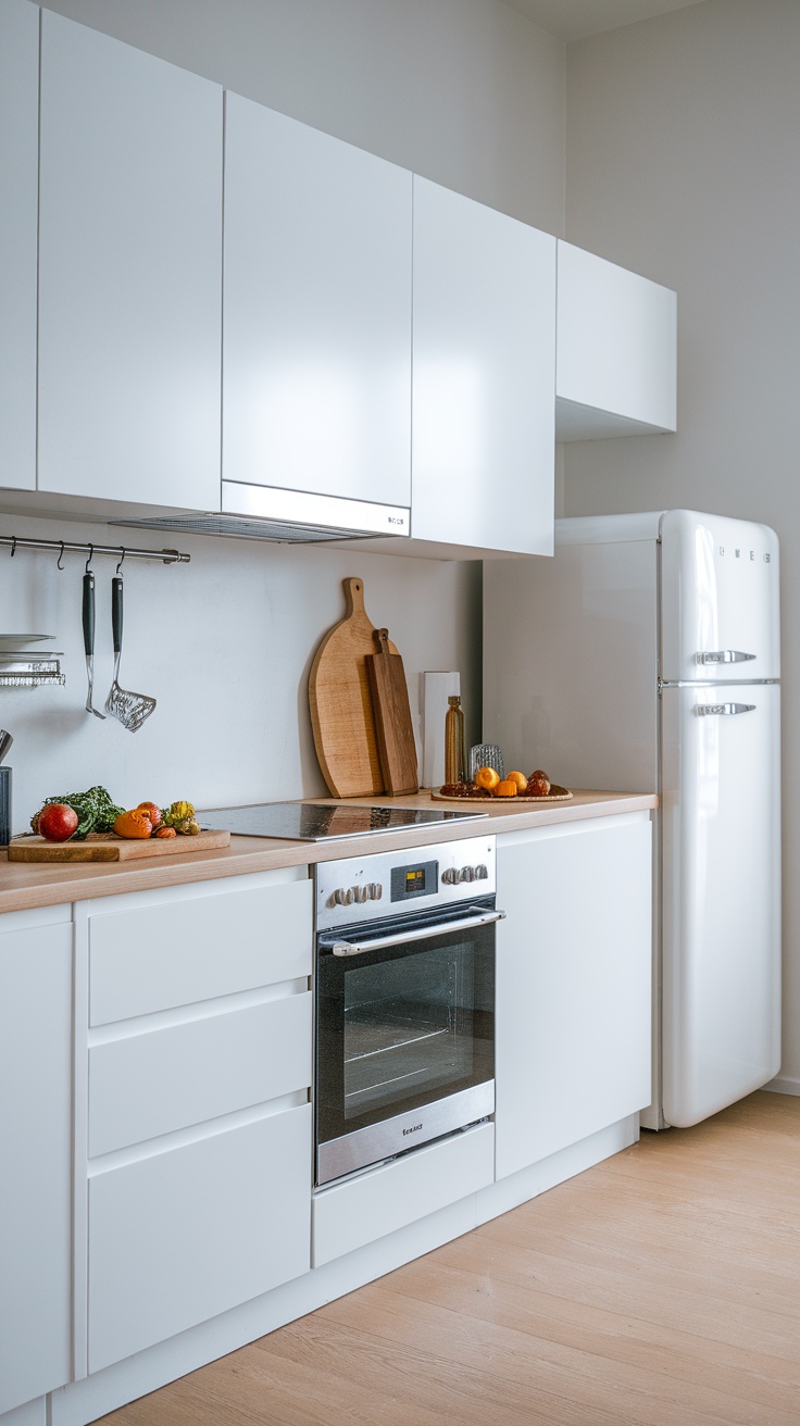 A minimalist Scandinavian kitchen with white cabinetry, wooden countertop, and retro fridge.