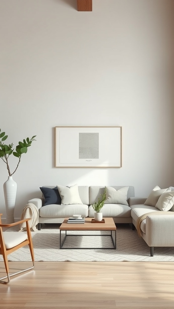 A minimalist living room featuring a light sofa, wooden coffee table, potted plant, and art on the wall.