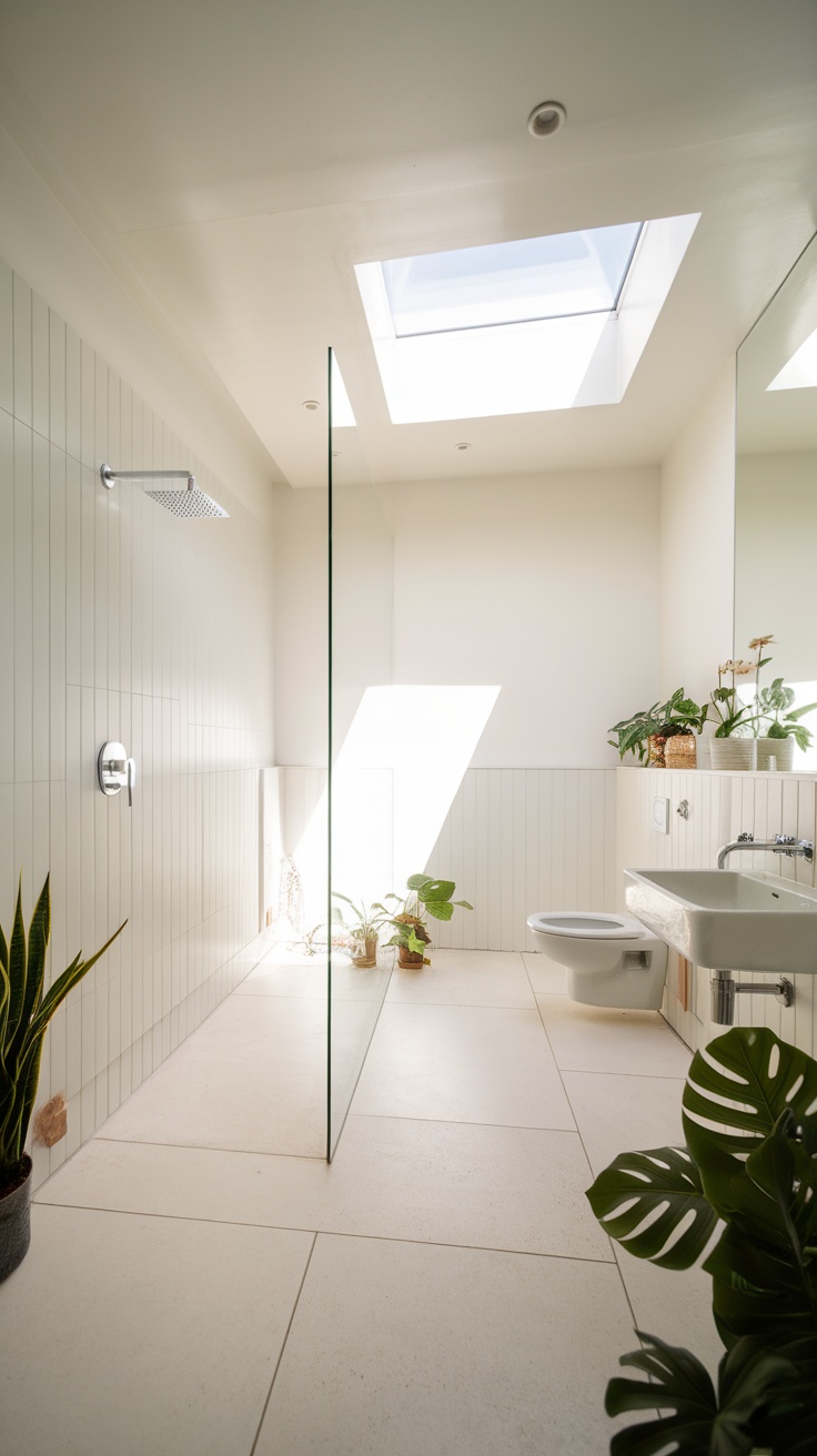 A modern bathroom featuring minimalist white panels, a skylight for natural light, and plants for a fresh touch.