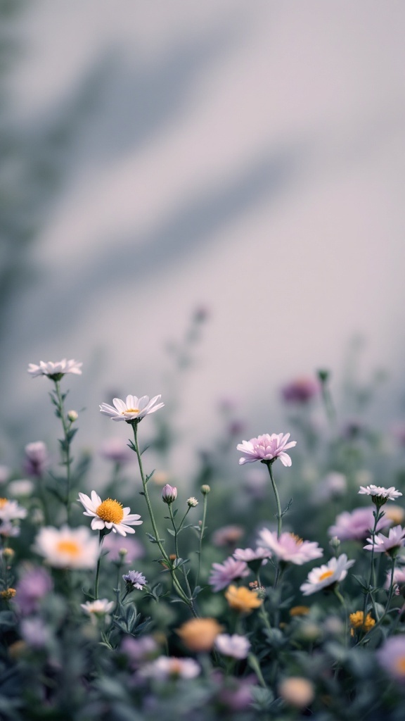 A serene display of pastel flowers in a minimalist setting.