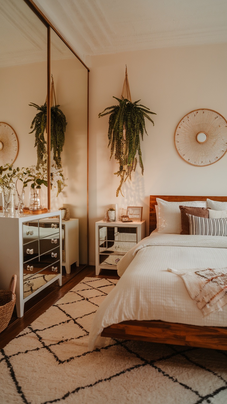 A cozy small bedroom featuring mirrored furniture, hanging plants, and warm decor.