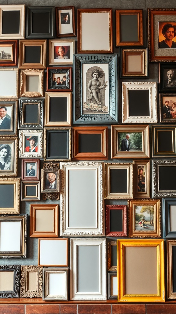 A diverse photo wall featuring various frame styles, colors, and sizes.