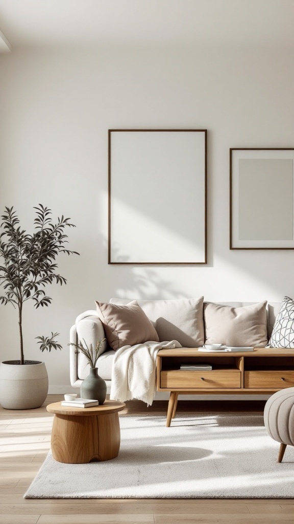 A cozy living room with a light sofa, wooden furniture, and plants, showcasing Japandi design.