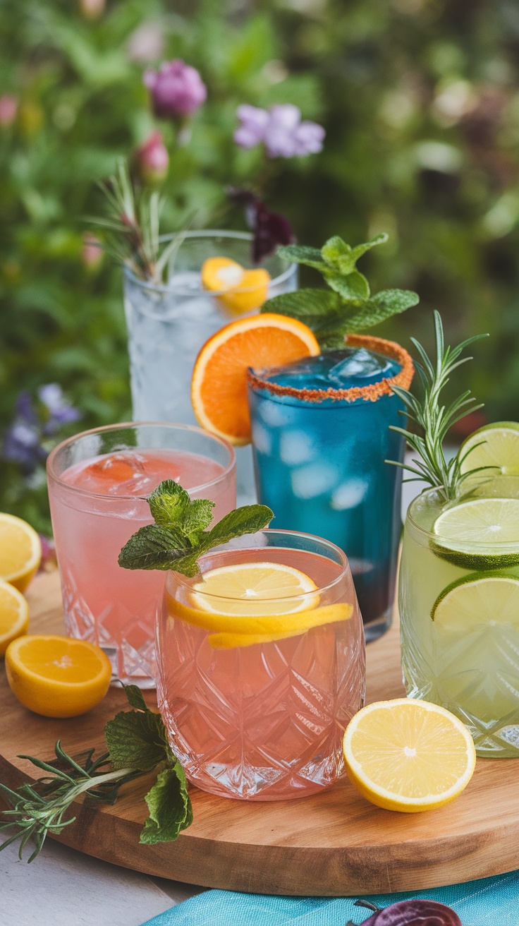 A selection of colorful mocktails with garnishes on a wooden serving board.