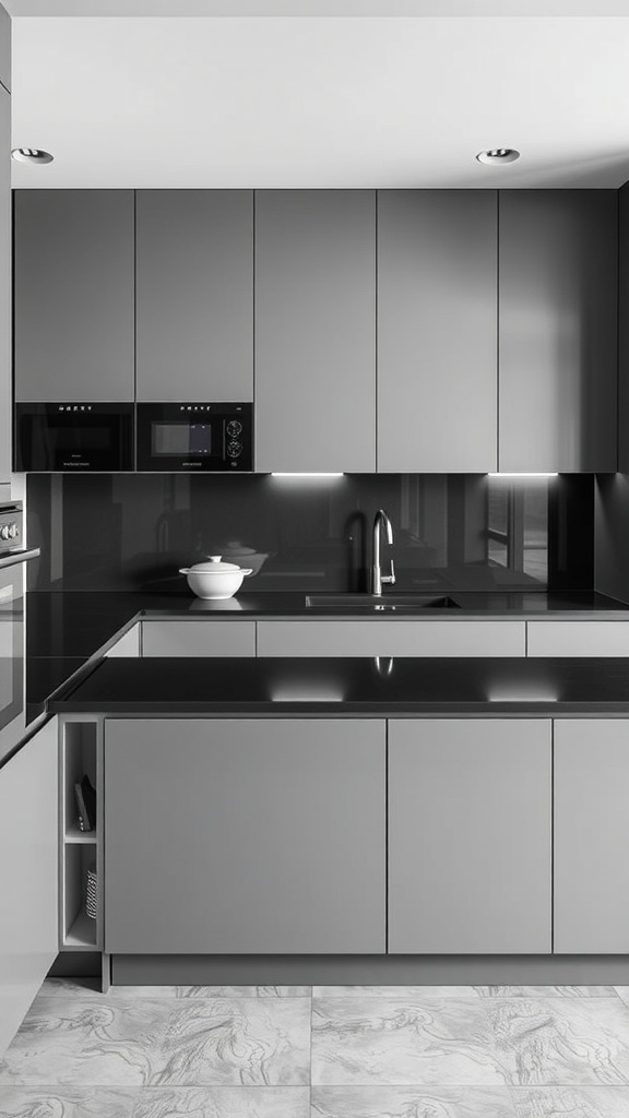 Modern kitchen featuring gray cabinets and black countertops, showcasing a sleek design.