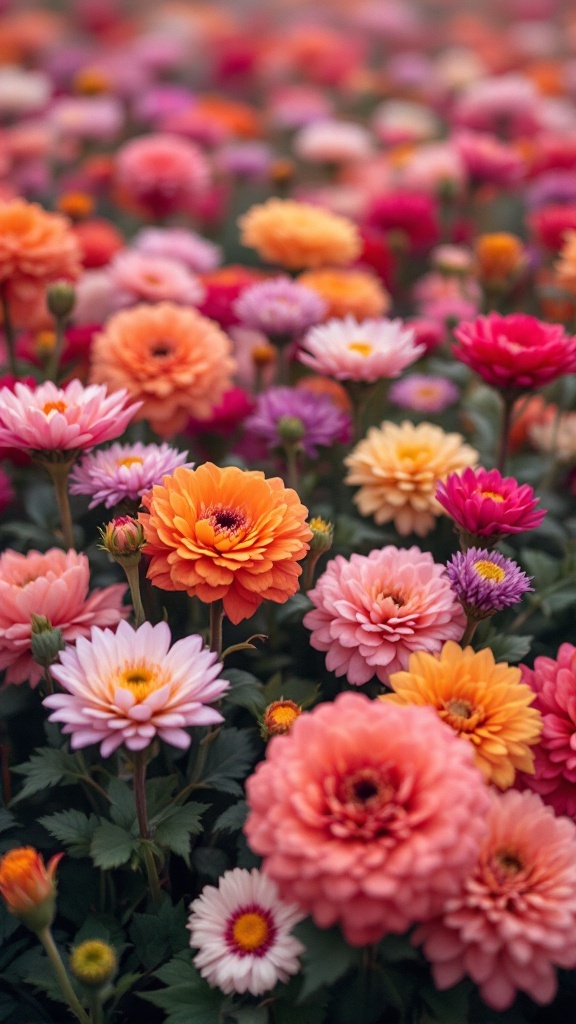 A beautiful display of flowers in shades of pink, orange, and lavender, showcasing a monochromatic flower bed.