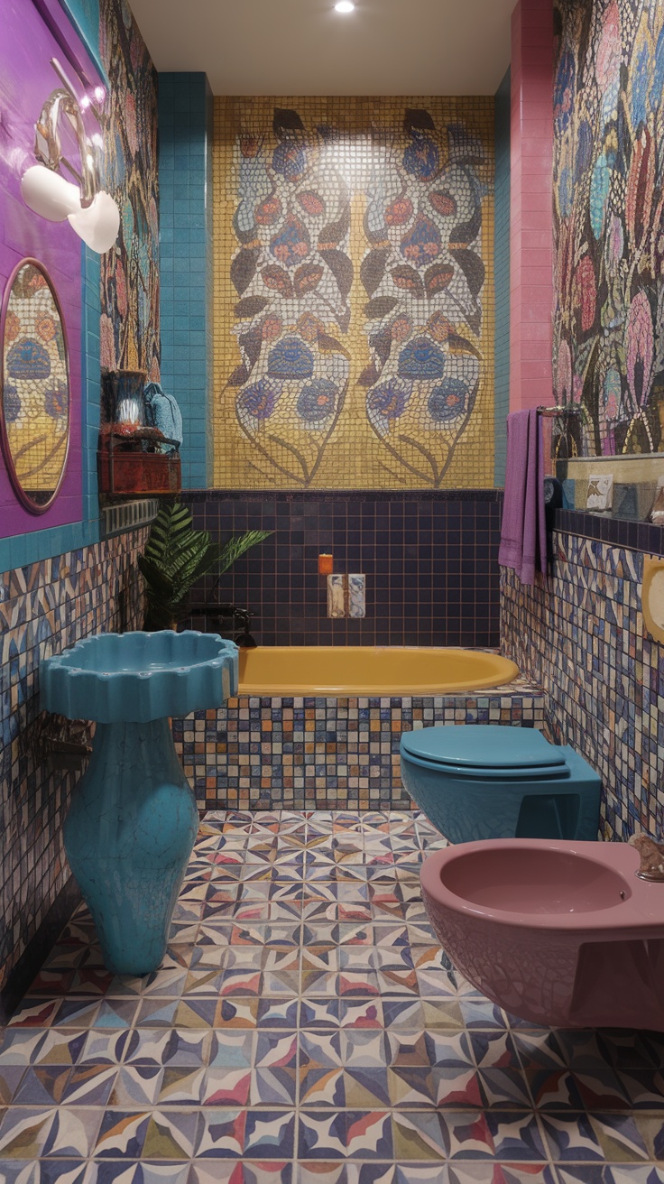 A vibrant bathroom featuring colorful mosaic tile panels with floral designs and geometric patterns.