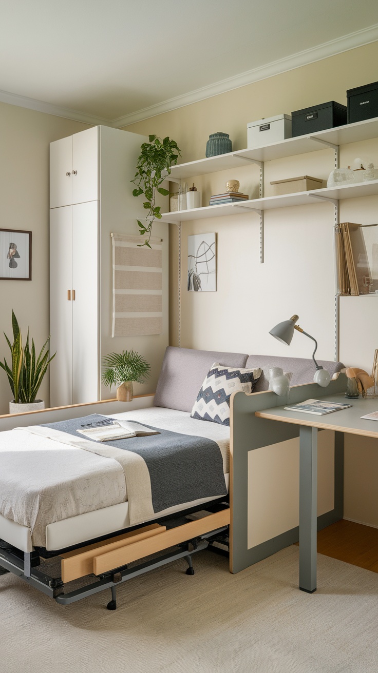 A small bedroom featuring a sofa bed, shelving, and a desk, showcasing multipurpose furniture solutions.