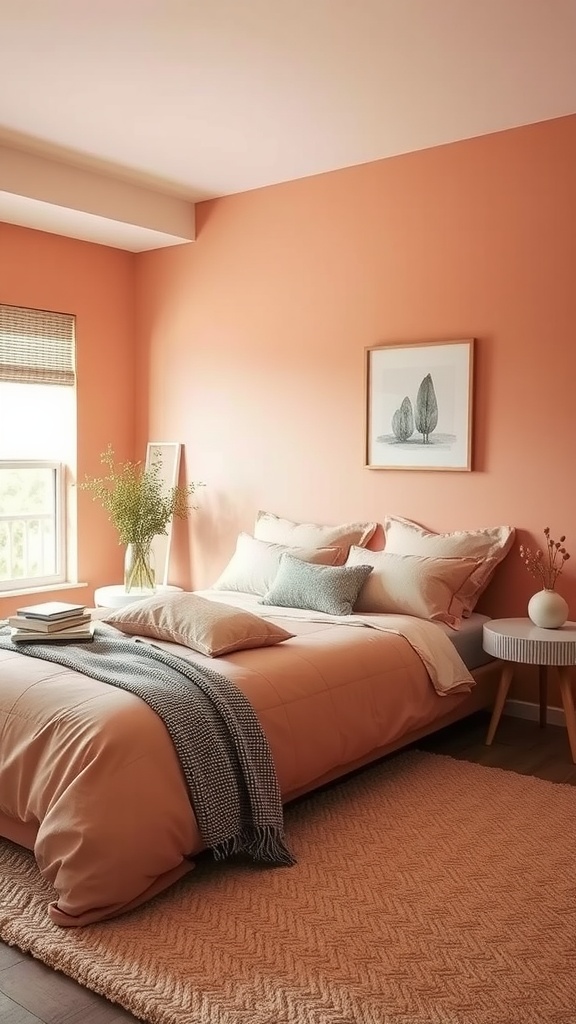 A warmly decorated bedroom with muted coral walls, soft bedding, and natural light.